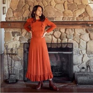 New Christy Dawn The Mabel Dress in Crinkle Rust XS Long Sleeved Maxi NWT